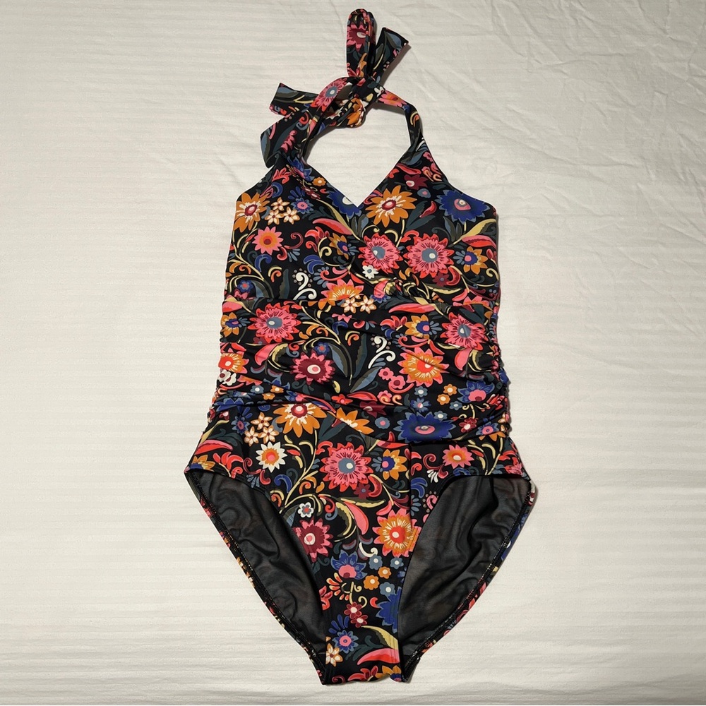 Boden Levanzo Black Floral Ruched Halter Top One Piece Swimsuit, Women's US 8R